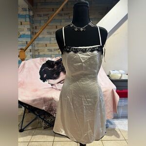 Ivory Satin Slip Dress with Black Lace Trim